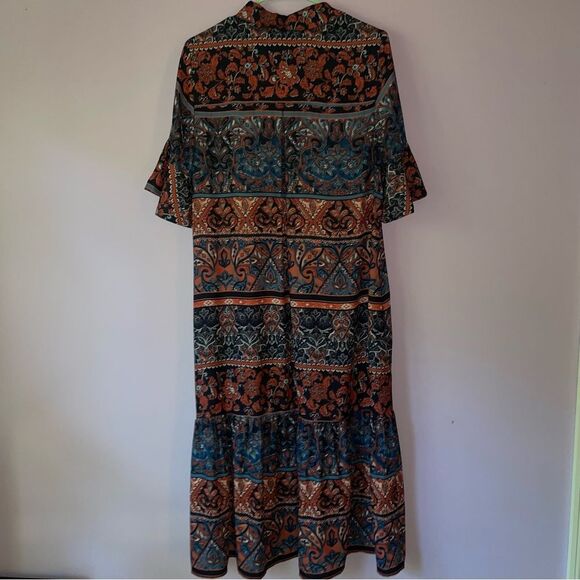 Chico's Midi Shirt Dress Size 10 Blue orange Short Ruffle Sleeve Collar - Picture 6 of 8